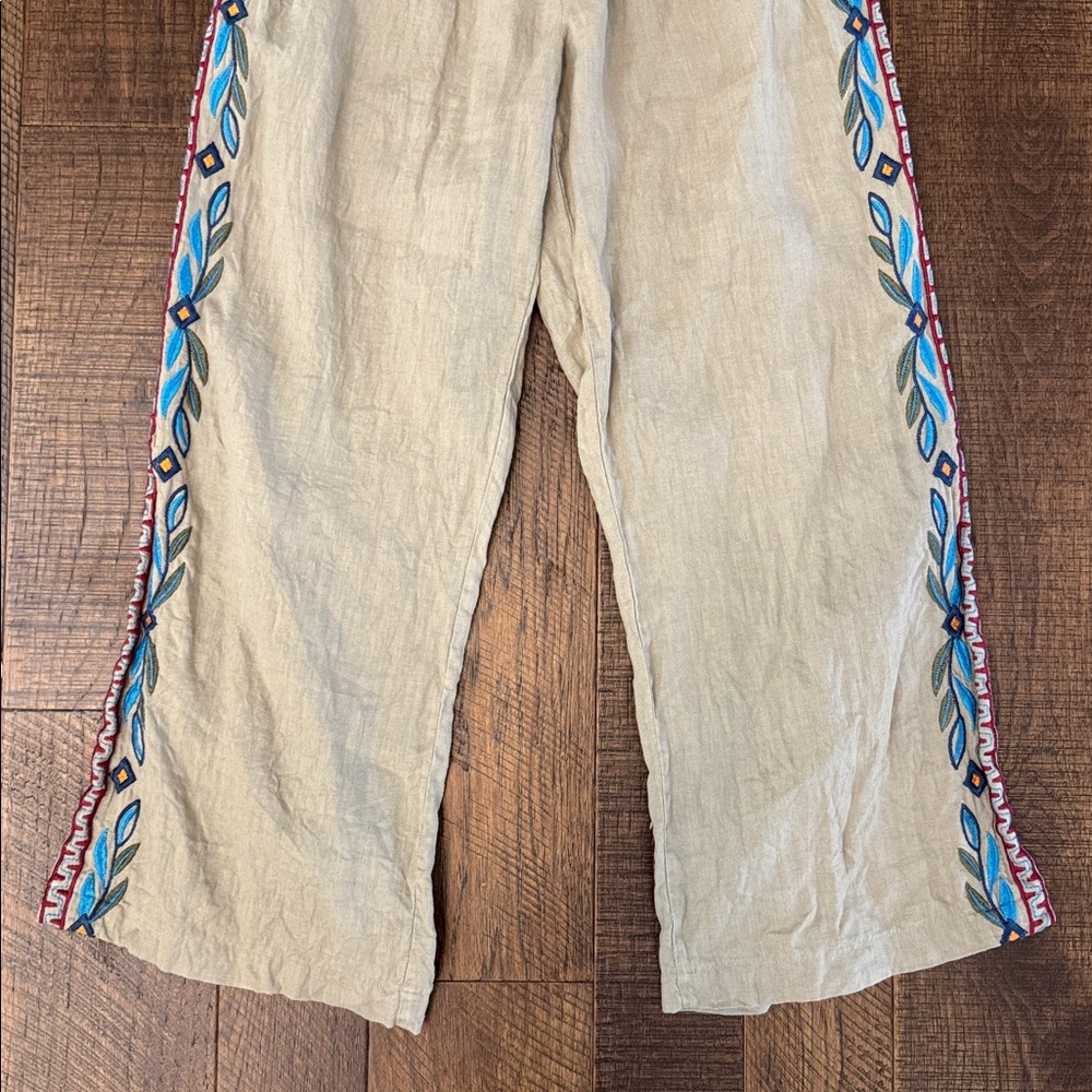 Johnny Was JW Los Angeles Side Slit Linen Embroidered Pants - Picture 3 of 9